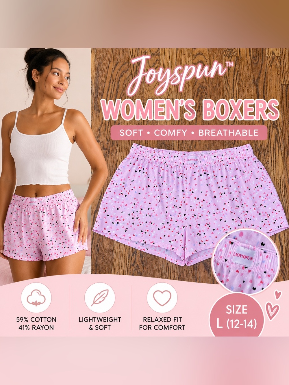 Joyspun Women’s Pink Heart Print Pajama Boxer Shorts Size L 12-14